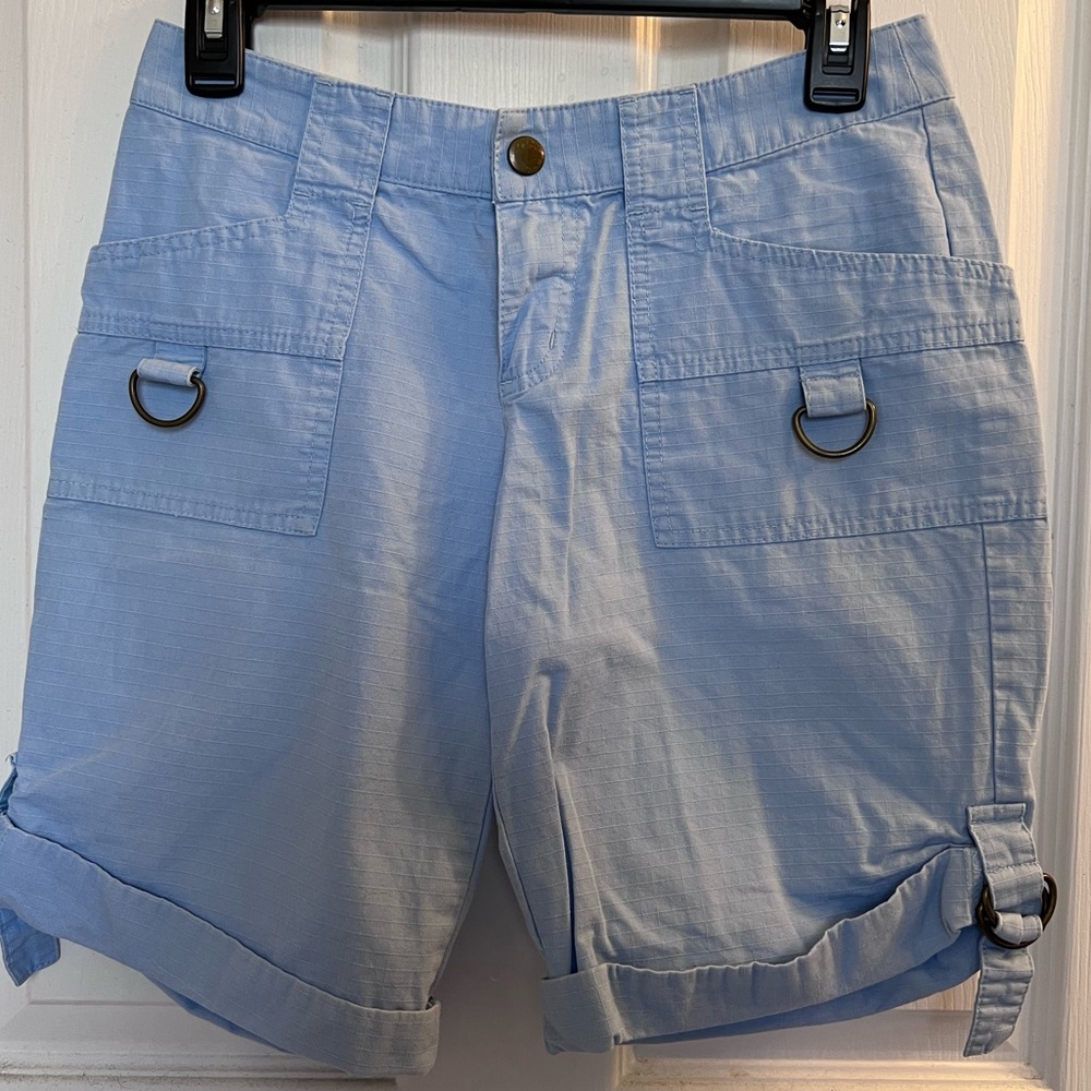 Powder blue women’s cargo shorts with buckle details 💙